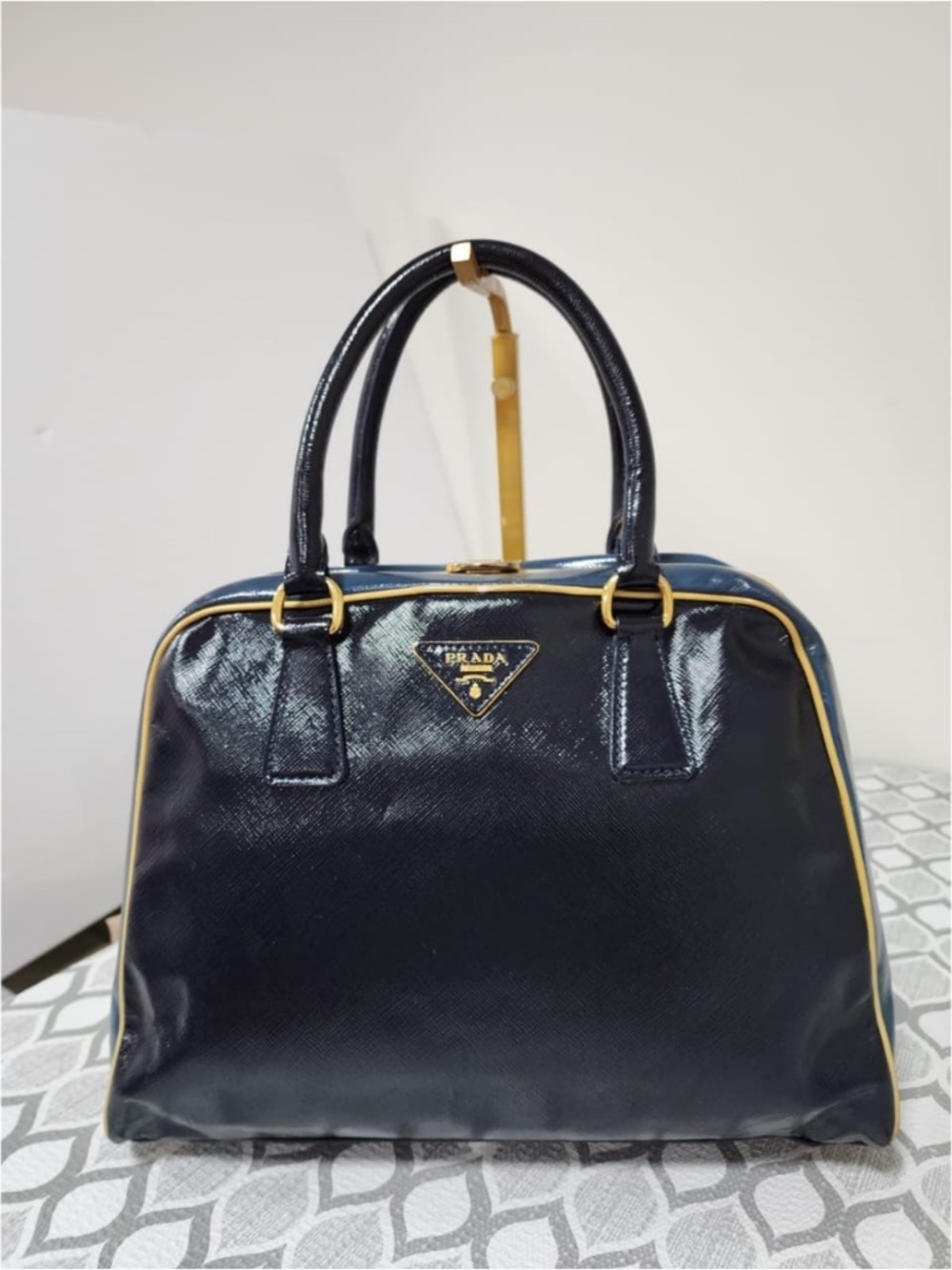 Authentic Prada Saffiano Vernice Pyramid Bag Navy Blue